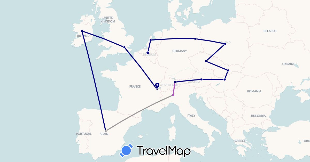 TravelMap itinerary: driving, plane, train in Austria, Belgium, Switzerland, Czech Republic, Germany, Spain, United Kingdom, Hungary, Ireland, Italy, Liechtenstein, Netherlands, Poland, Slovakia (Europe)
